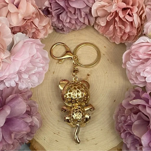 Peach and Silver Crystal Gold Tiger Keychain Charm - Picture 7 of 9